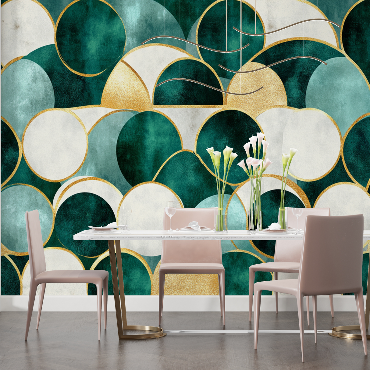 Geometric Mural Wallpaper | Art Deco Green and Gold Circles