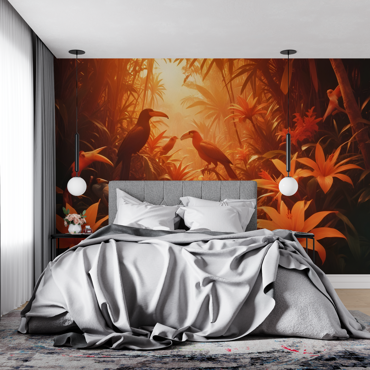 Tropical Birds Mural Wallpaper | Orange Jungle Sunset Scene