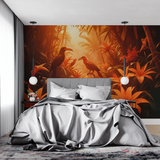 Tropical Birds Mural Wallpaper | Orange Jungle Sunset Scene