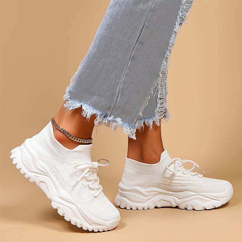Orthopedic Platform Sneakers  White Knit Mesh Comfort Design - Detailed view