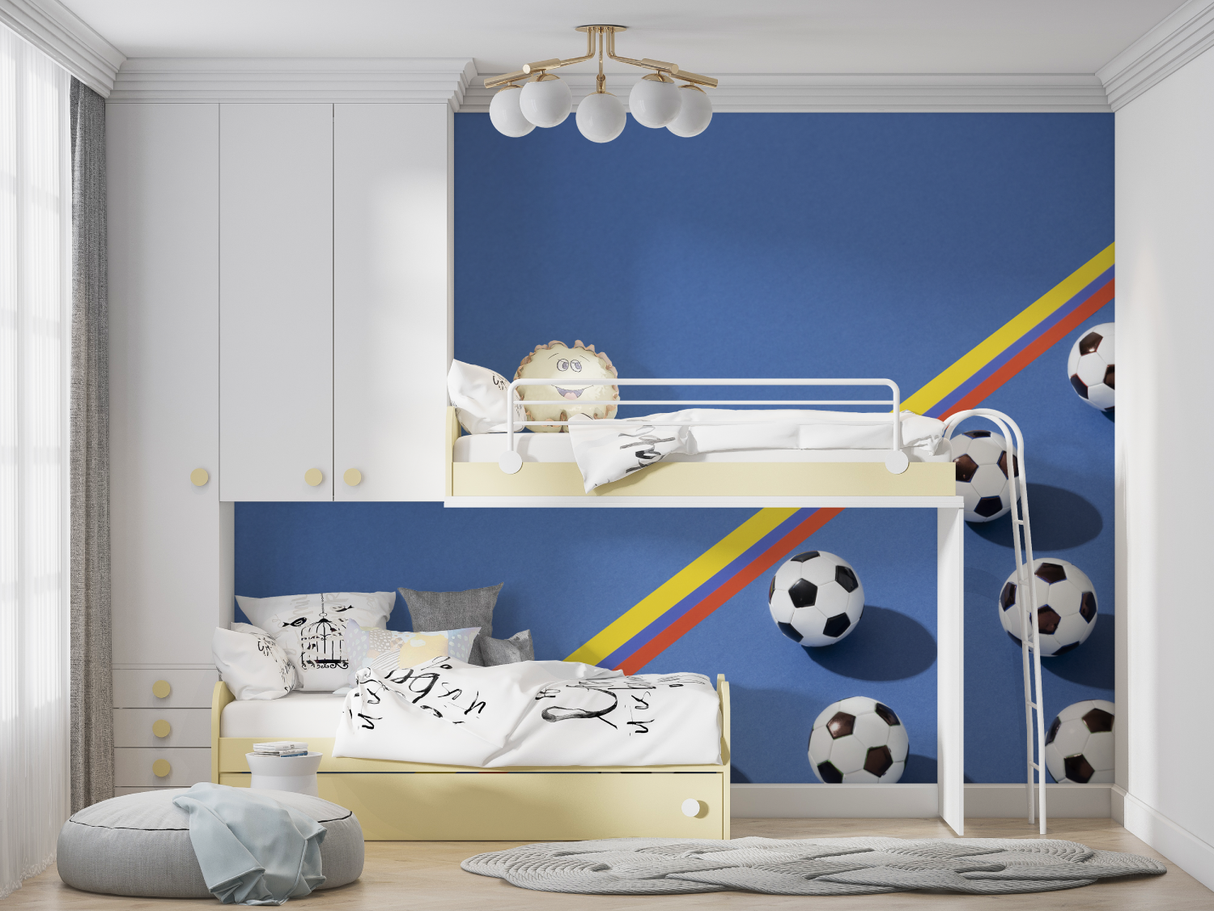 Football Mural Wallpaper | Blue Sporty Design with Rainbow Lines