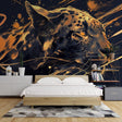 Black and gold leopard wallpaper mural in modern living room with grey sofa and pendant lights