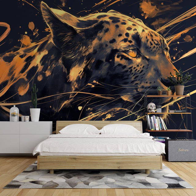 Black and gold leopard wallpaper mural in modern living room with grey sofa and pendant lights