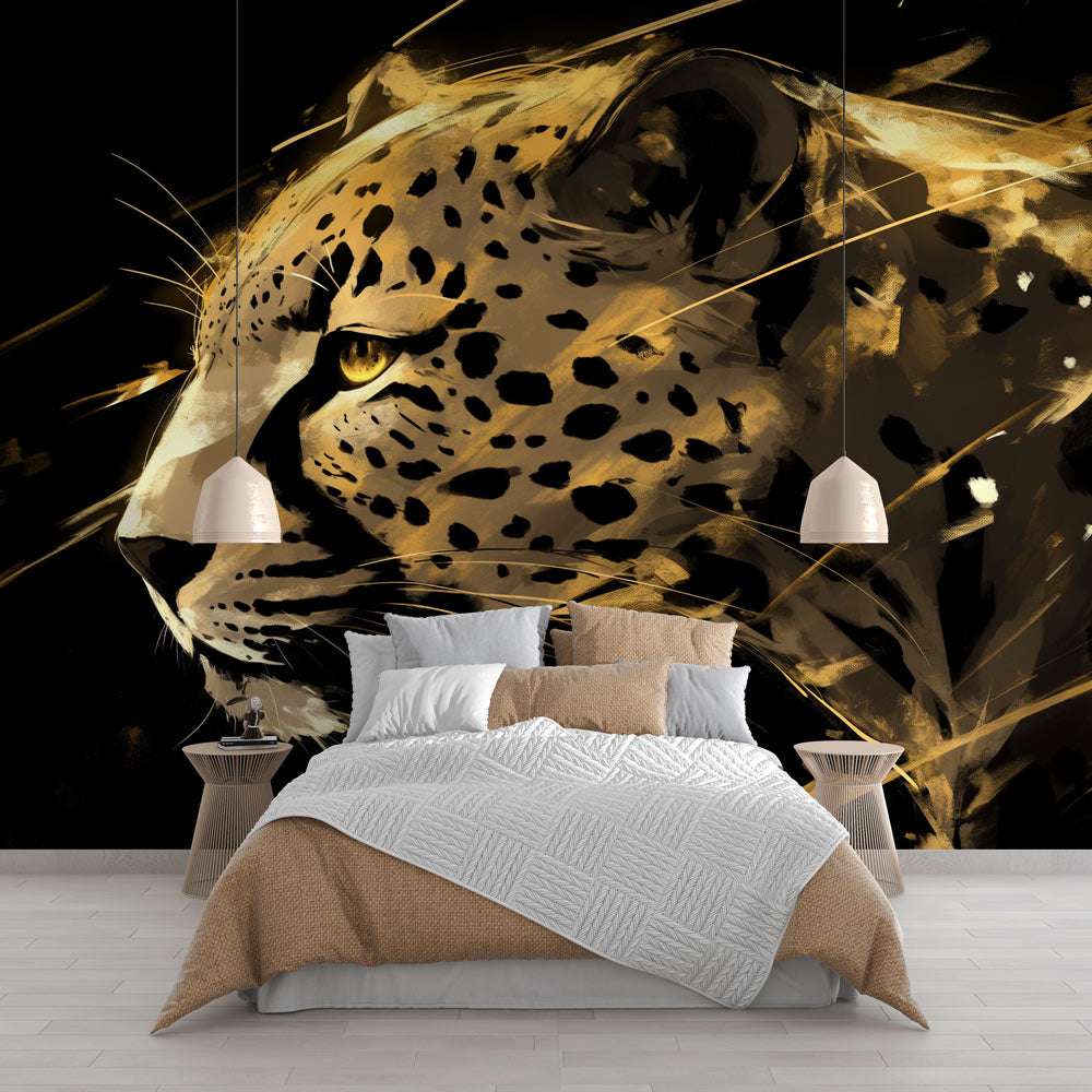 Luxurious leopard print wallpaper in a modern living room, showing gold and black artistic design creating dramatic atmosphere