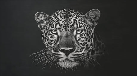 Black and white leopard portrait design file showing intricate spot patterns and striking gaze