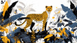 Modern Cheetah Wallpaper Mural displayed in a stylish living room, showing golden jungle design against dark walls