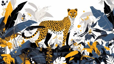 Modern Cheetah Wallpaper Mural displayed in a stylish living room, showing golden jungle design against dark walls