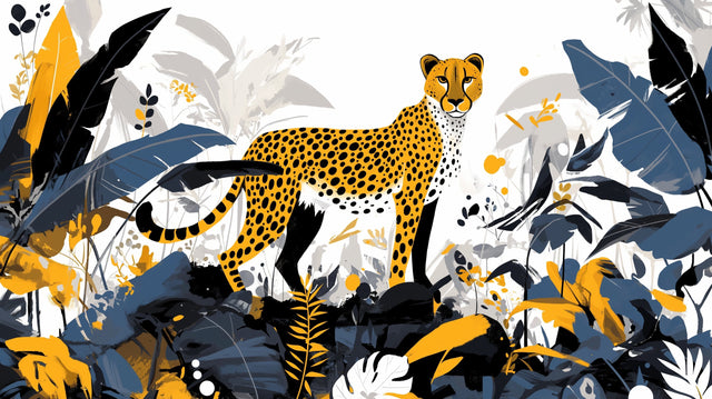 Modern Cheetah Wallpaper Mural displayed in a stylish living room, showing golden jungle design against dark walls