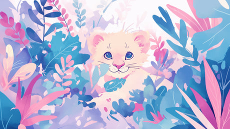 Lion cub wallpaper mural styled in a bright nursery with pastel decor and natural light showing the sweet watercolor design