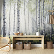 Birch forest wallpaper creating a bright, airy atmosphere in a modern living room with morning light effects