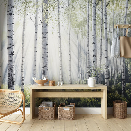 Birch forest wallpaper creating a bright, airy atmosphere in a modern living room with morning light effects