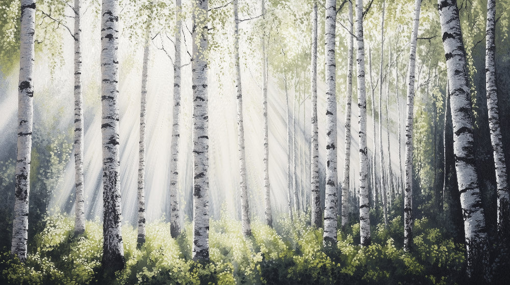 Birch forest wallpaper design file showing detailed misty morning light through tree trunks