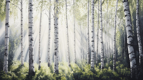 Birch forest wallpaper design file showing detailed misty morning light through tree trunks