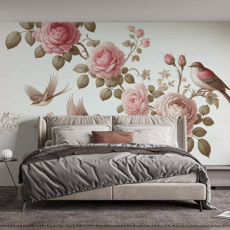 Vintage Bird and Rose Wallpaper creating a peaceful atmosphere in a bright living room with natural light
