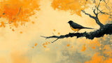 Design file of oriental bird and autumn branch wallpaper pattern with golden leaves