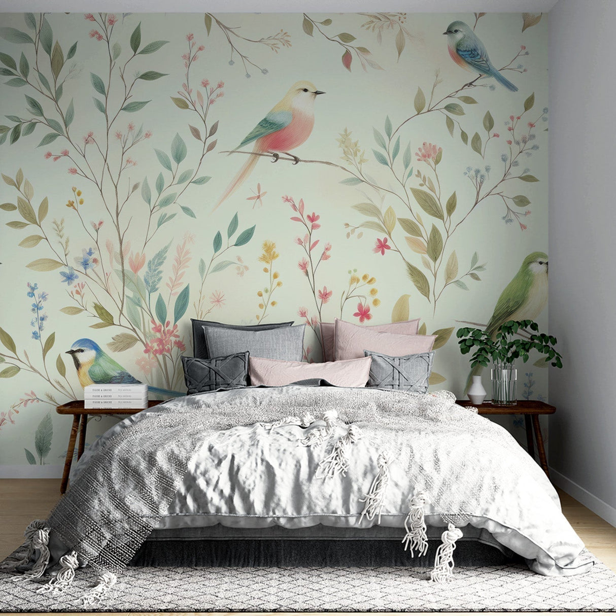 Bird wallpaper mural creating a peaceful atmosphere in a bright living room with natural light and modern furniture