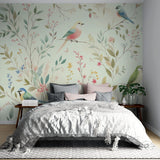 Bird wallpaper mural creating a peaceful atmosphere in a bright living room with natural light and modern furniture