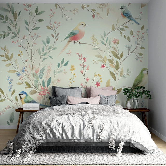 Bird wallpaper mural creating a peaceful atmosphere in a bright living room with natural light and modern furniture
