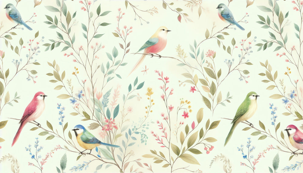 Botanical bird wallpaper design file showing detailed songbirds and garden elements pattern