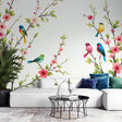 Bird and Cherry Blossom Wallpaper creating a bright, airy atmosphere in a modern dining room with natural light
