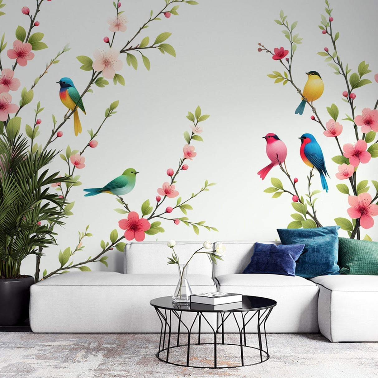 Bird and Cherry Blossom Wallpaper creating a bright, airy atmosphere in a modern dining room with natural light