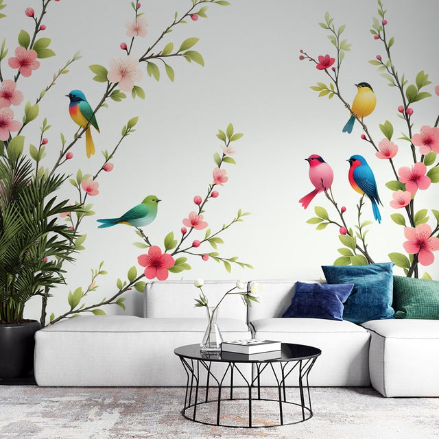 Bird and Cherry Blossom Wallpaper creating a bright, airy atmosphere in a modern dining room with natural light