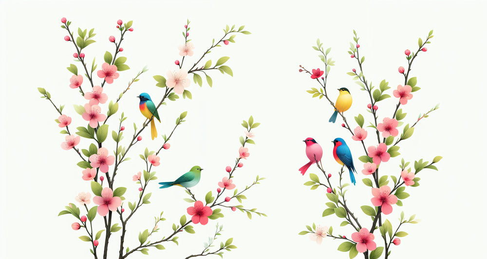 Bird and Cherry Blossom design file showing detailed pattern of tropical birds and pink blossoms