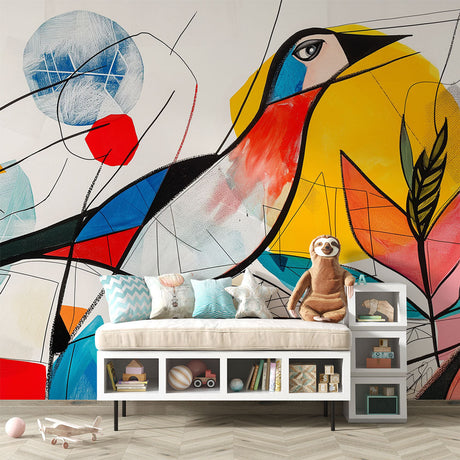 Modern geometric bird wallpaper creating a striking focal point in a minimal Scandinavian living room