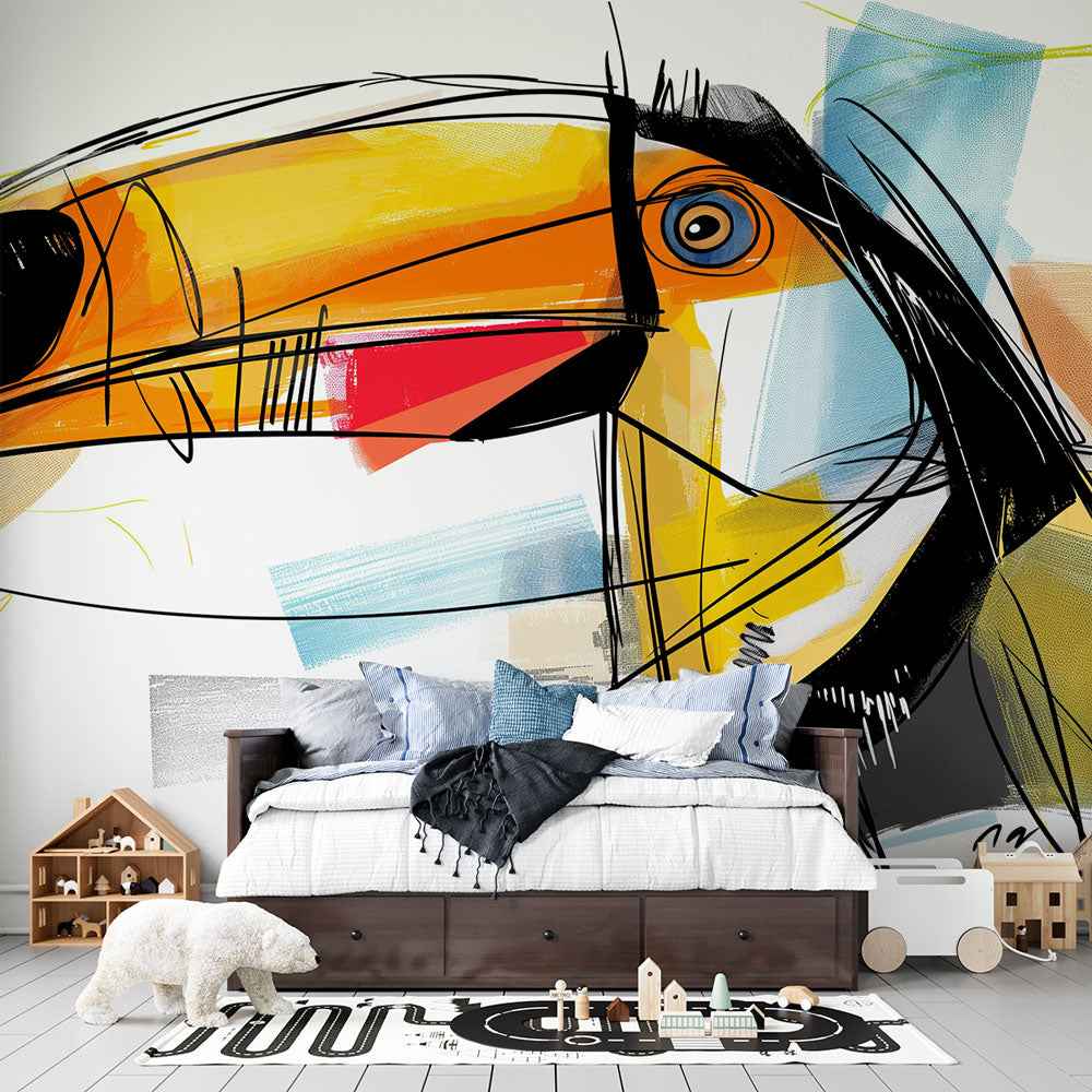 Modern abstract toucan wallpaper design showcased in a bright minimalist living room with clean furniture lines