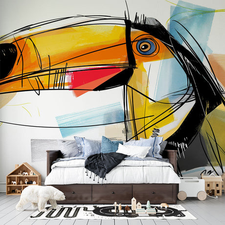 Modern abstract toucan wallpaper design showcased in a bright minimalist living room with clean furniture lines