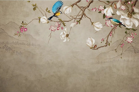 Design file of blue birds and magnolia pattern on beige background