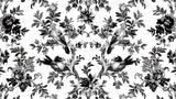 Design file showing detailed black and white toile de jouy bird pattern