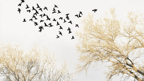 Birds Wallpaper design file showing detailed black bird silhouettes and golden trees pattern