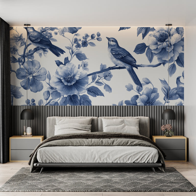 Master bedroom with blue watercolor bird wall mural creating peaceful atmosphere