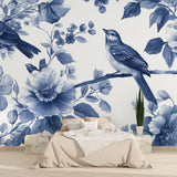 Home office space with calming blue bird and flower wallpaper design
