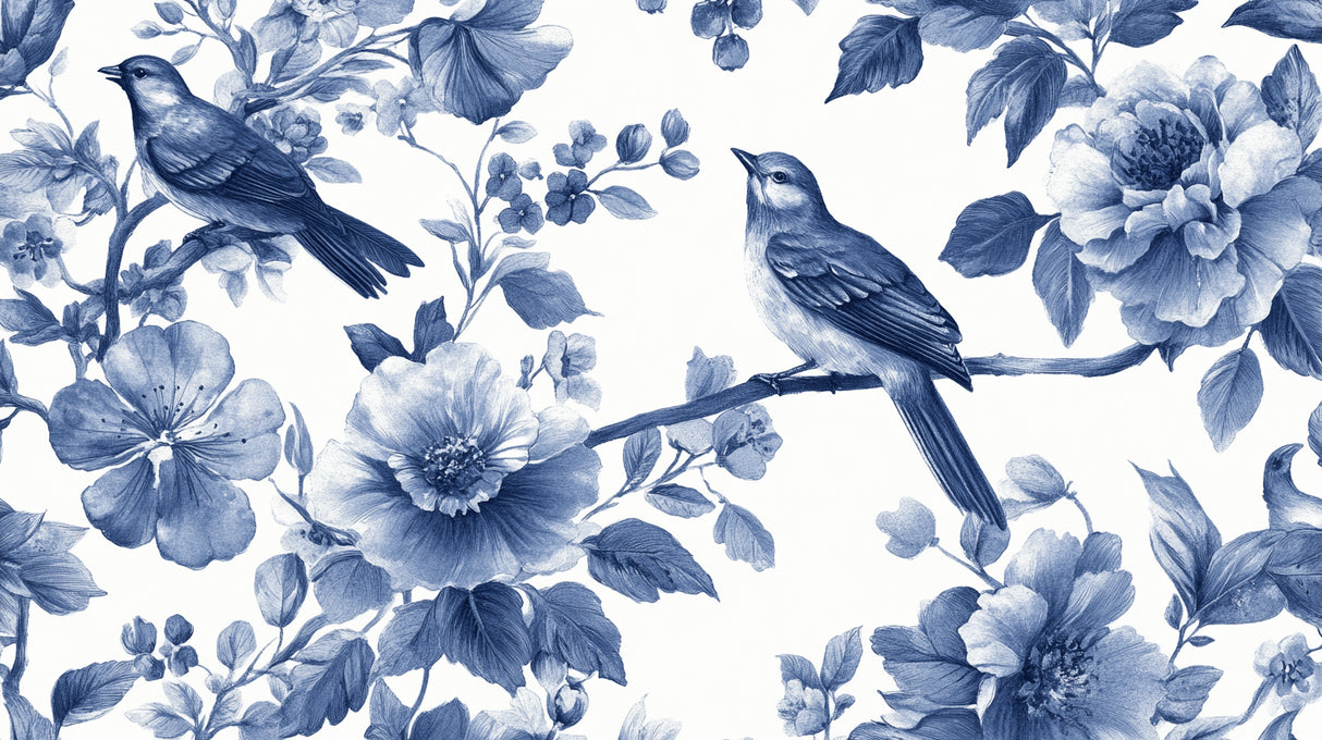 Blue watercolor bird and flower wallpaper design file showing intricate pattern details