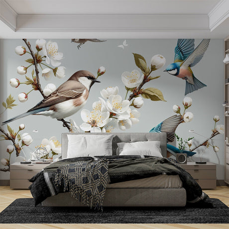 Birds and Cherry Blossom Wallpaper creating a peaceful atmosphere in a bright modern bedroom with natural light