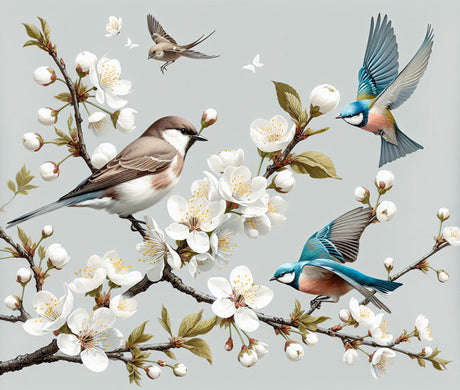 Birds and Cherry Blossom Wallpaper design file showing detailed spring pattern with flying birds and white blossoms
