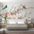 Cherry blossom bird wallpaper creating a peaceful atmosphere in a modern living room with natural light