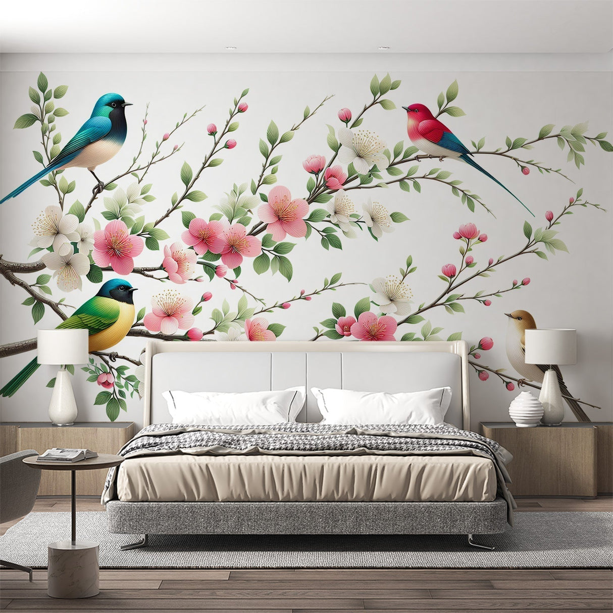 Cherry blossom bird wallpaper creating a peaceful atmosphere in a modern living room with natural light
