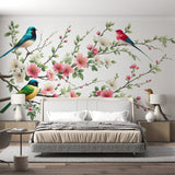 Cherry blossom bird wallpaper creating a peaceful atmosphere in a modern living room with natural light