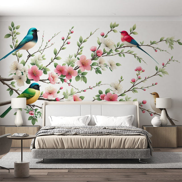Cherry blossom bird wallpaper creating a peaceful atmosphere in a modern living room with natural light