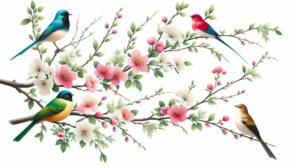 Birds and cherry blossom wallpaper design file showing detailed pattern and rich colors