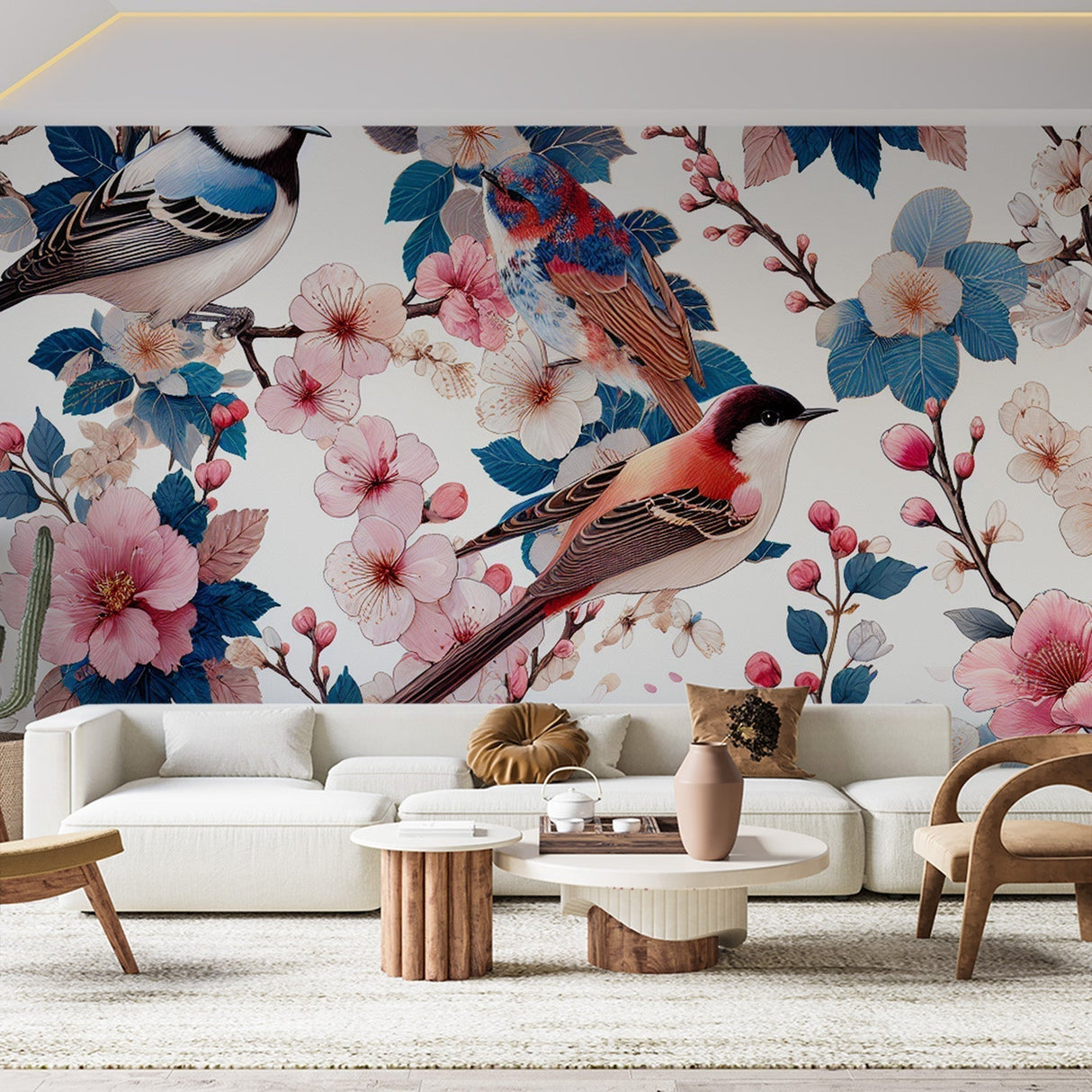 Birds and Cherry Blossom Wallpaper creating a serene atmosphere in a bright modern bedroom with natural light