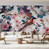 Birds and Cherry Blossom Wallpaper creating a serene atmosphere in a bright modern bedroom with natural light