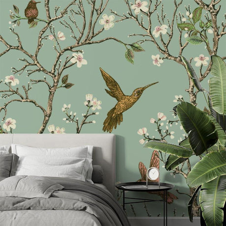 Birds wallpaper mural with cherry blossoms and hummingbirds creating a peaceful atmosphere in a bright living room