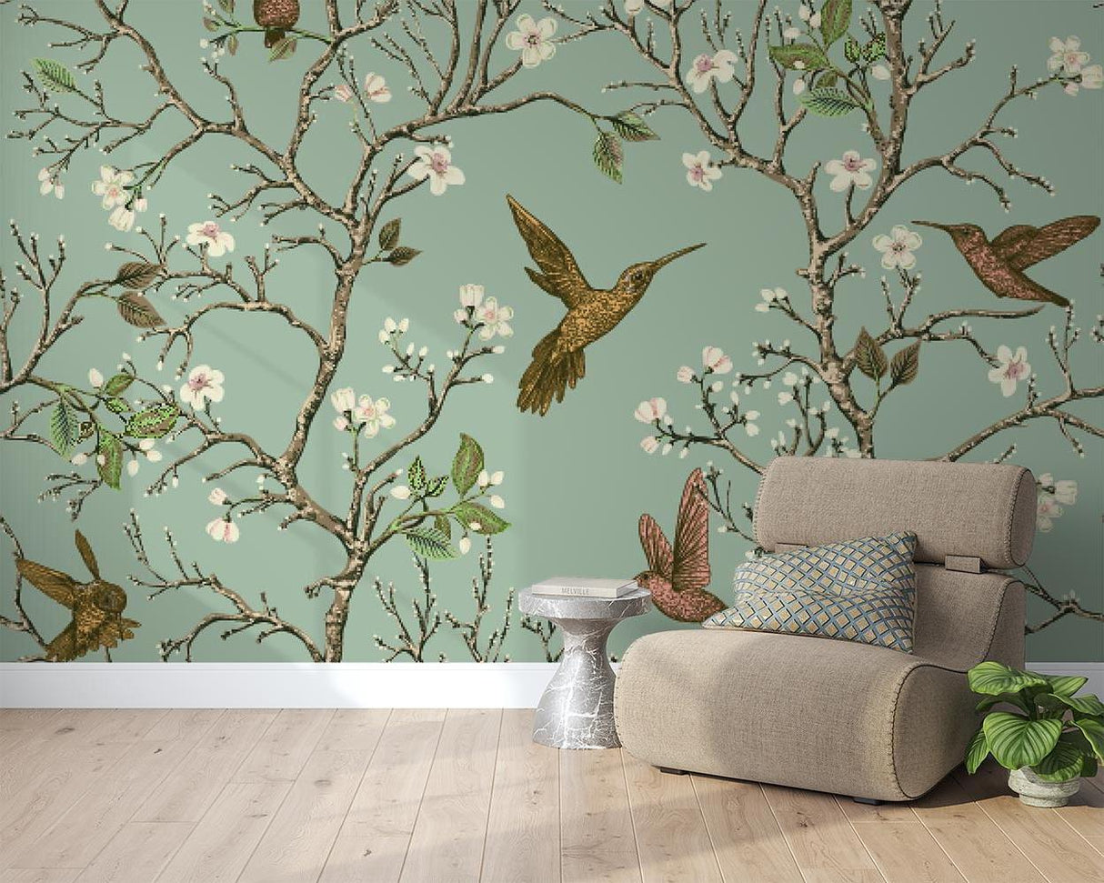 Hummingbird wall mural with cherry blossoms transforming a modern bedroom with natural elegance