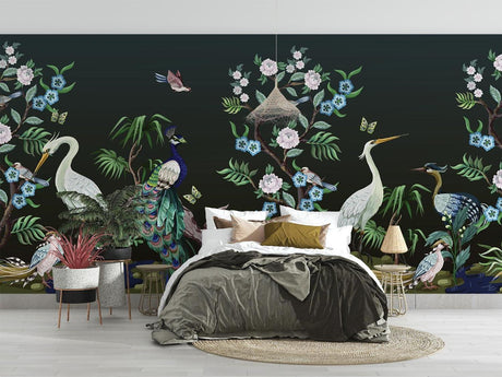 Luxury bird wallpaper creating an elegant focal point in a modern dining room with peacocks and herons