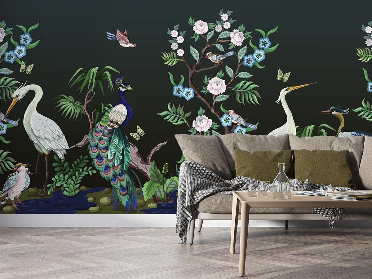 Exotic birds wall mural bringing nature into a bright living room with flowing garden design