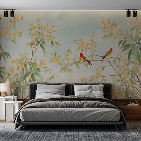 Red birds and yellow blossoms wallpaper mural in a bright modern living room, creating a stunning feature wall
